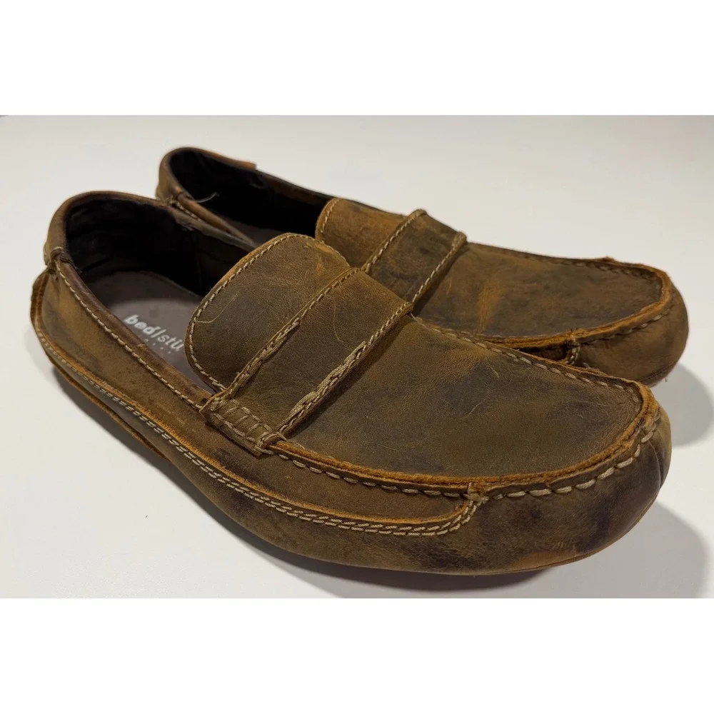 Bed Stu Mens Distressed Brown Leather Driving Loafers Penny Slip On Shoes 10.5